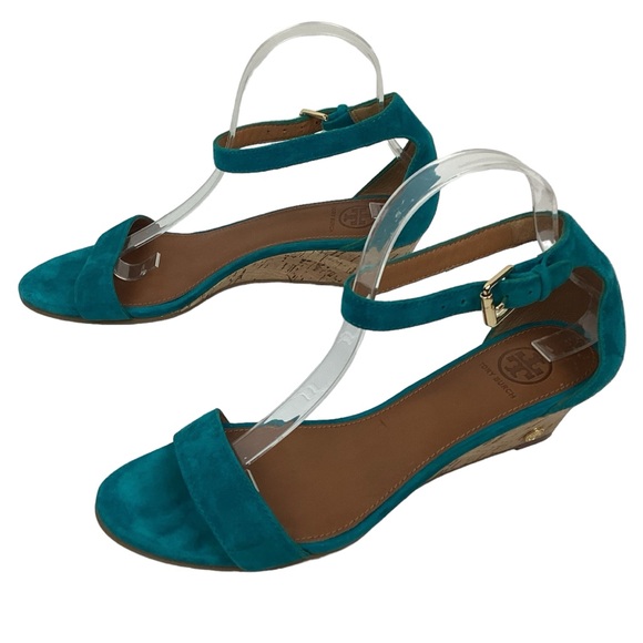 Tory Burch Savannah Suede Wedge Ankle Strap Sandal Turquoise - Picture 13 of 13